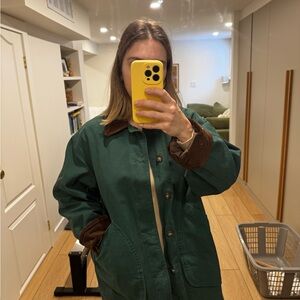 SOLD Rare Lands' End Green Chore Coat with Brown corduroy trim